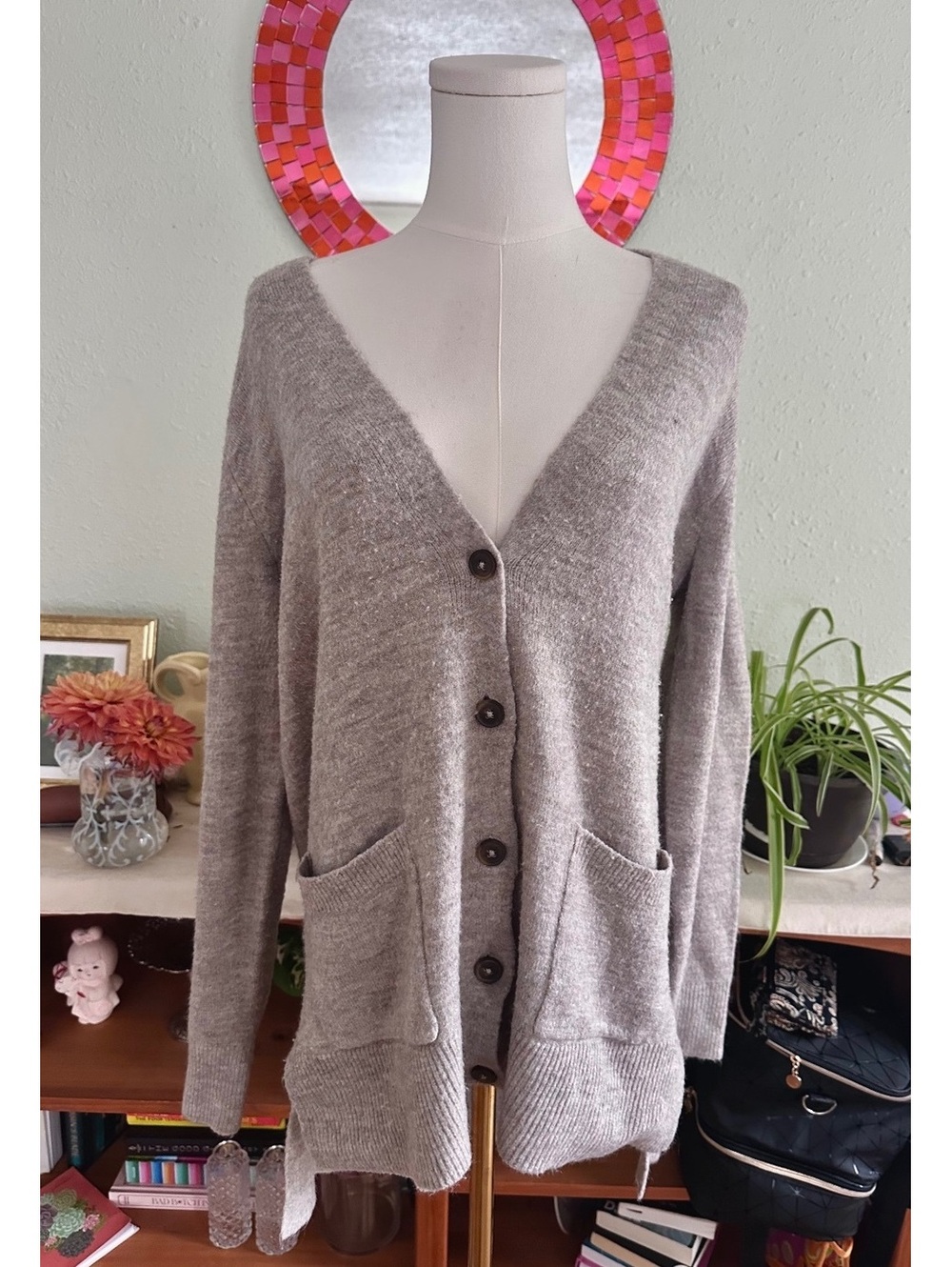 Light Brown/Gray Oatmeal Boyfriend Button-Up Cardigan w/ Pockets